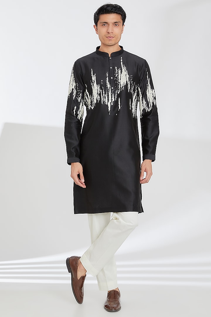 Black Chanderi Embroidered Kurta Set by Countrymade