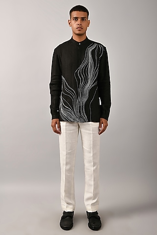 Black Pure Linen Hand Embroidered Shirt by Countrymade