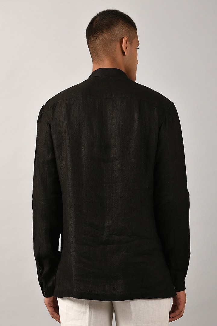 Black Pure Linen Hand Embroidered Wedding Shirt by Countrymade at Pernia's Pop Up Shop