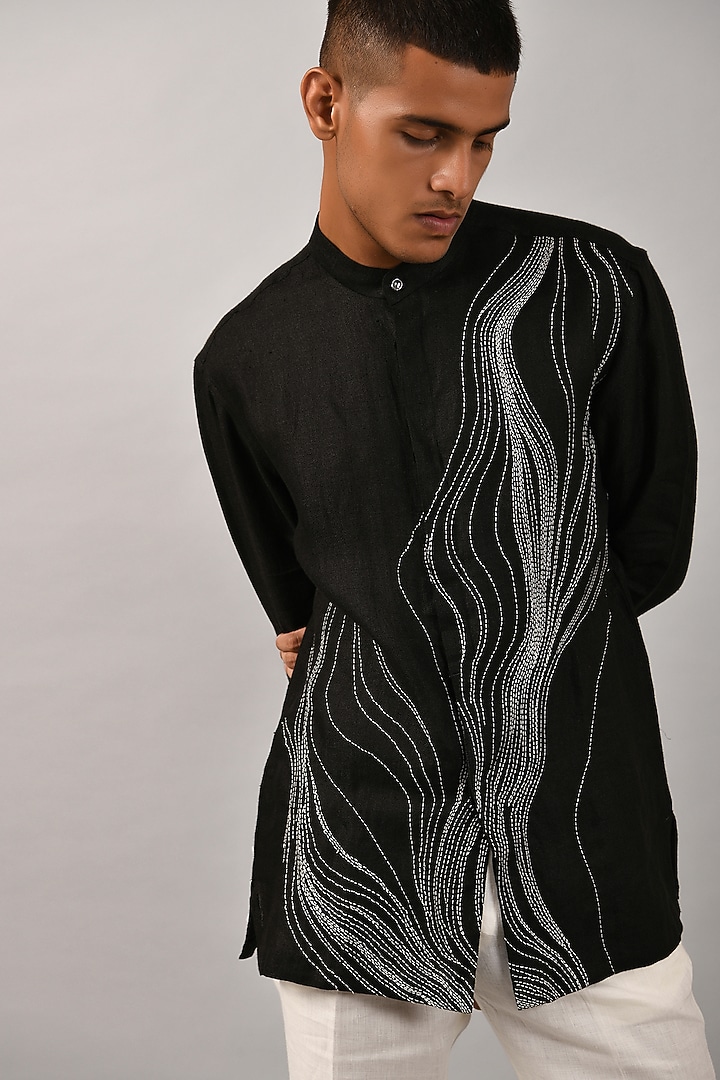 Black Pure Linen Hand Embroidered Wedding Shirt by Countrymade at Pernia's Pop Up Shop