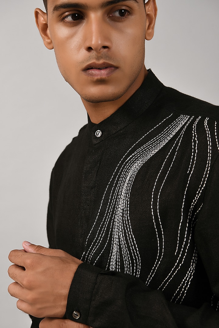 Black Pure Linen Hand Embroidered Wedding Shirt by Countrymade at Pernia's Pop Up Shop