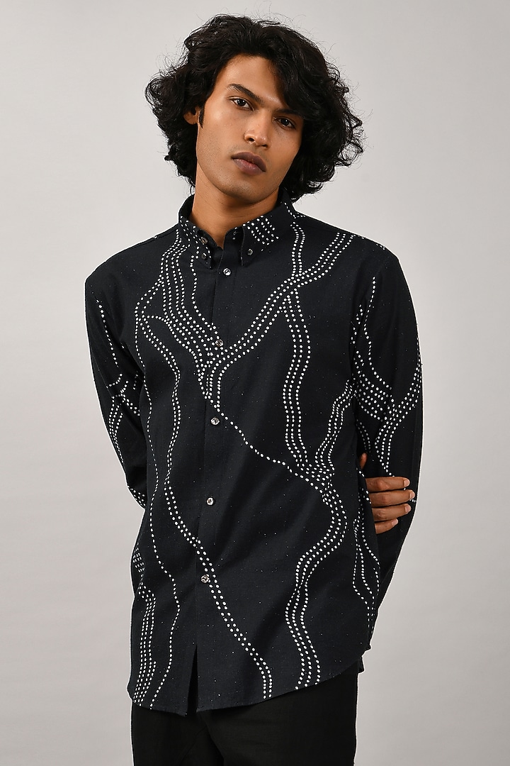 Black Khadi Cotton Printed Party Wear Shirt by Countrymade at Pernia's Pop Up Shop