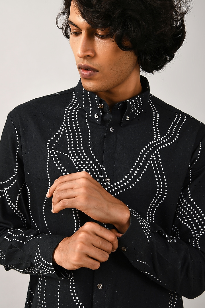 Black Khadi Cotton Printed Party Wear Shirt by Countrymade at Pernia's Pop Up Shop