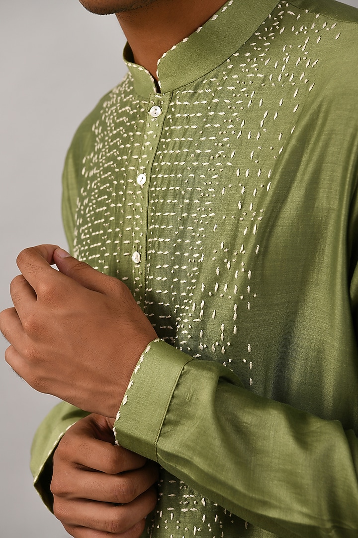 Sage Green Chanderi Hand Embroidered Kurta Set by Countrymade at Pernia's Pop Up Shop