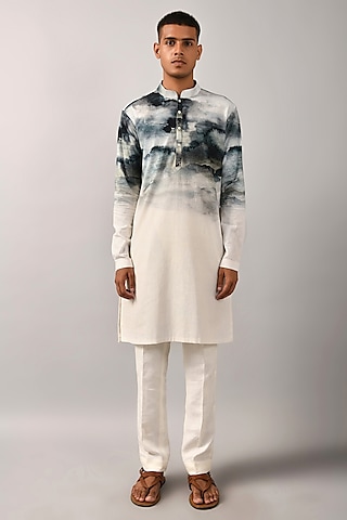 Navy Khadi Cotton Printed Kurta by Countrymade