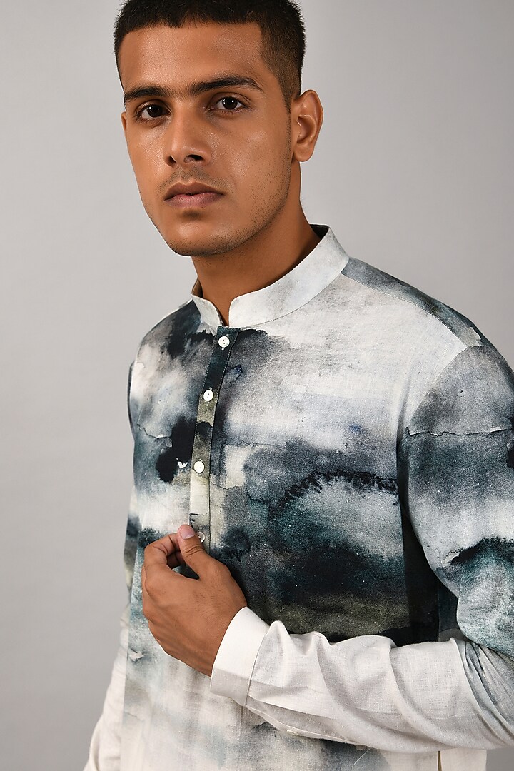 Navy Khadi Cotton Printed Kurta by Countrymade at Pernia's Pop Up Shop