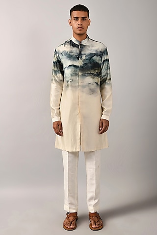 Beige Front Open Printed Kurta by Countrymade