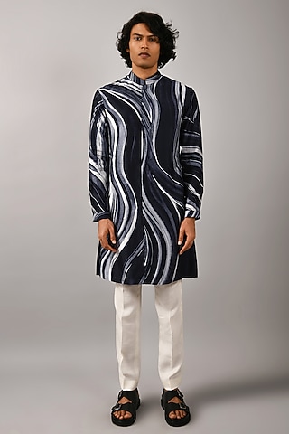 Navy Cotton Silk Printed Kurta by Countrymade