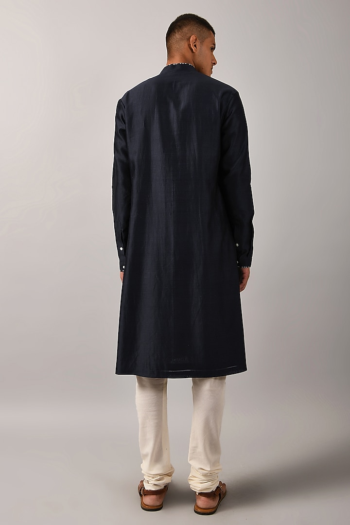 Navy Blue Chanderi Hand Embroidered Kurta Set by Countrymade at Pernia's Pop Up Shop