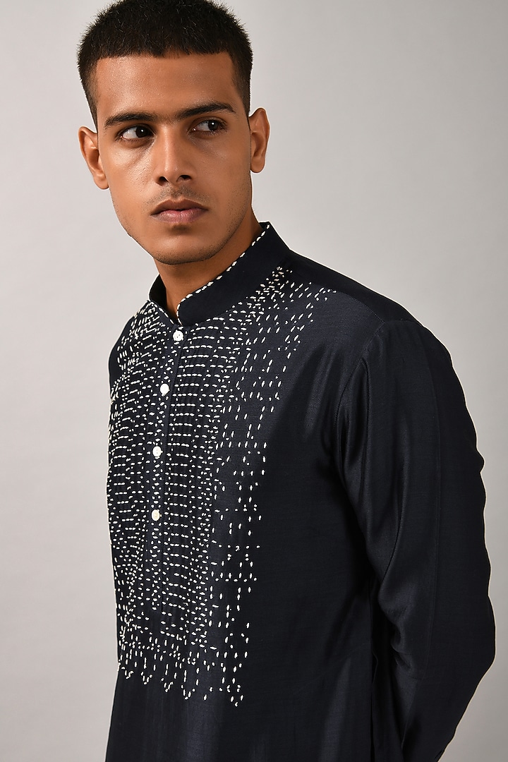 Navy Blue Chanderi Hand Embroidered Kurta Set by Countrymade at Pernia's Pop Up Shop
