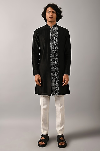 Black Chanderi Hand Embroidered Kurta Set by Countrymade