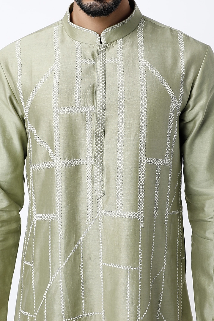 Mint Green Chanderi Hand Embroidered Kurta Set by Countrymade at Pernia's Pop Up Shop