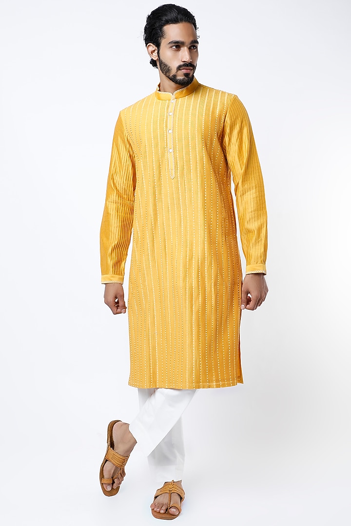 Mustard Chanderi Hand Embroidered Kurta Set by Countrymade at Pernia's Pop Up Shop