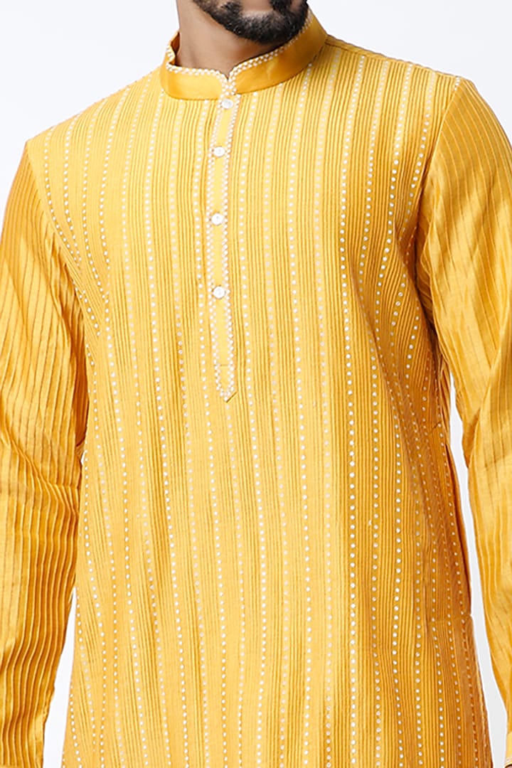 Mustard Chanderi Hand Embroidered Kurta Set by Countrymade at Pernia's Pop Up Shop