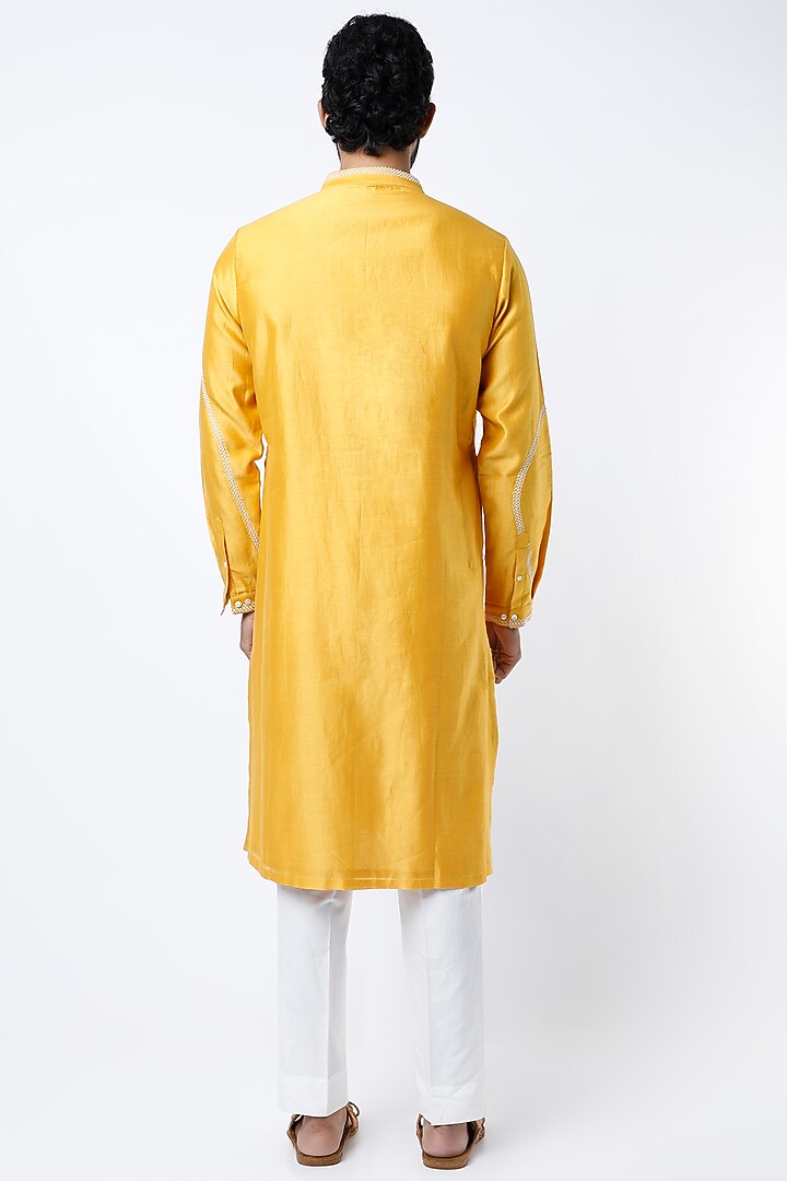 Mustard Chanderi Hand Embroidered Kurta Set by Countrymade at Pernia's Pop Up Shop