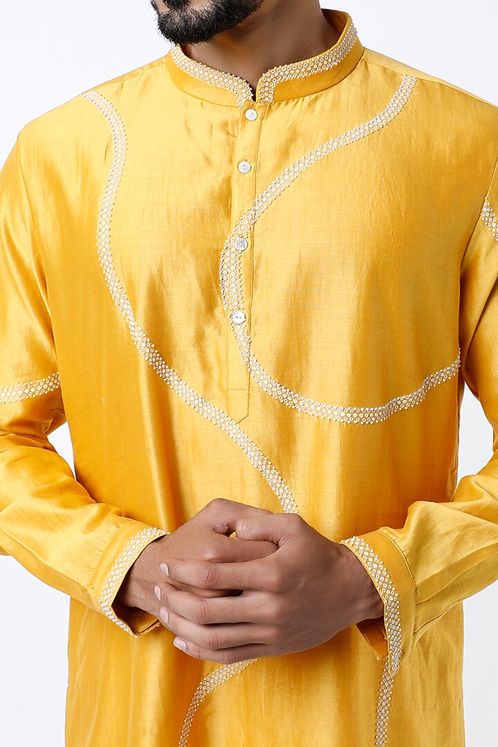 Mustard Chanderi Hand Embroidered Kurta Set by Countrymade at Pernia's Pop Up Shop