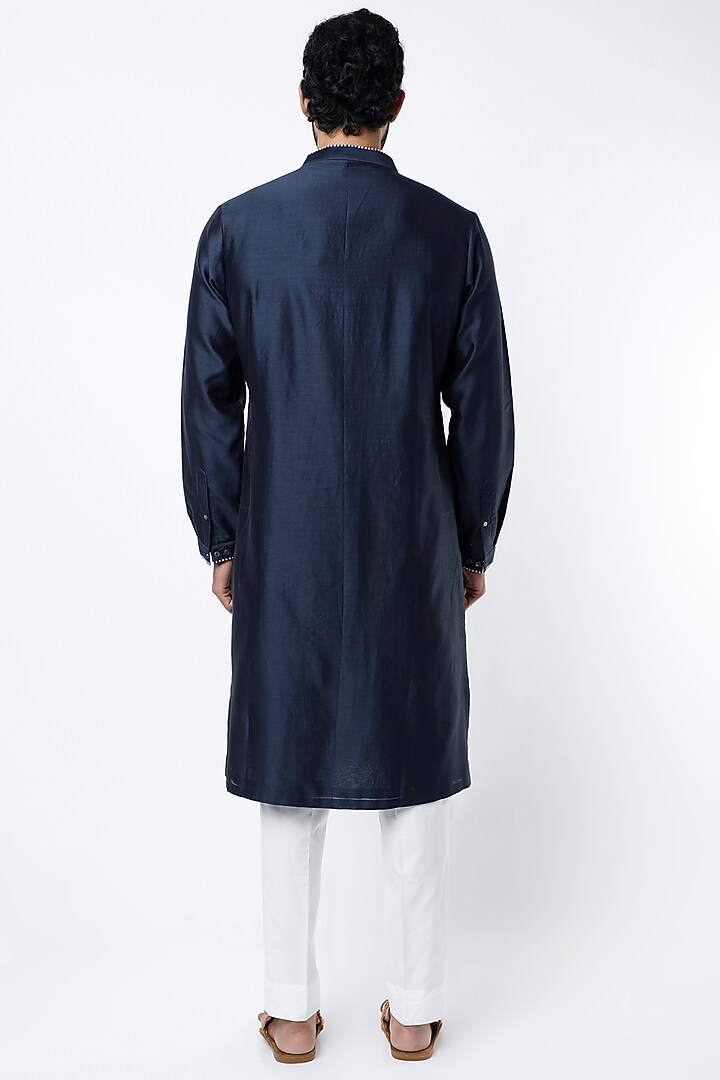 Navy Blue Chanderi Hand Embroidered Kurta Set by Countrymade at Pernia's Pop Up Shop