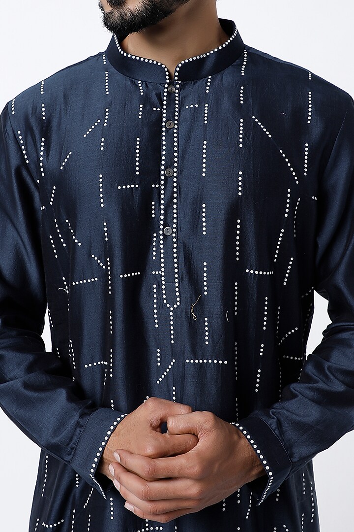 Navy Blue Chanderi Hand Embroidered Kurta Set by Countrymade at Pernia's Pop Up Shop
