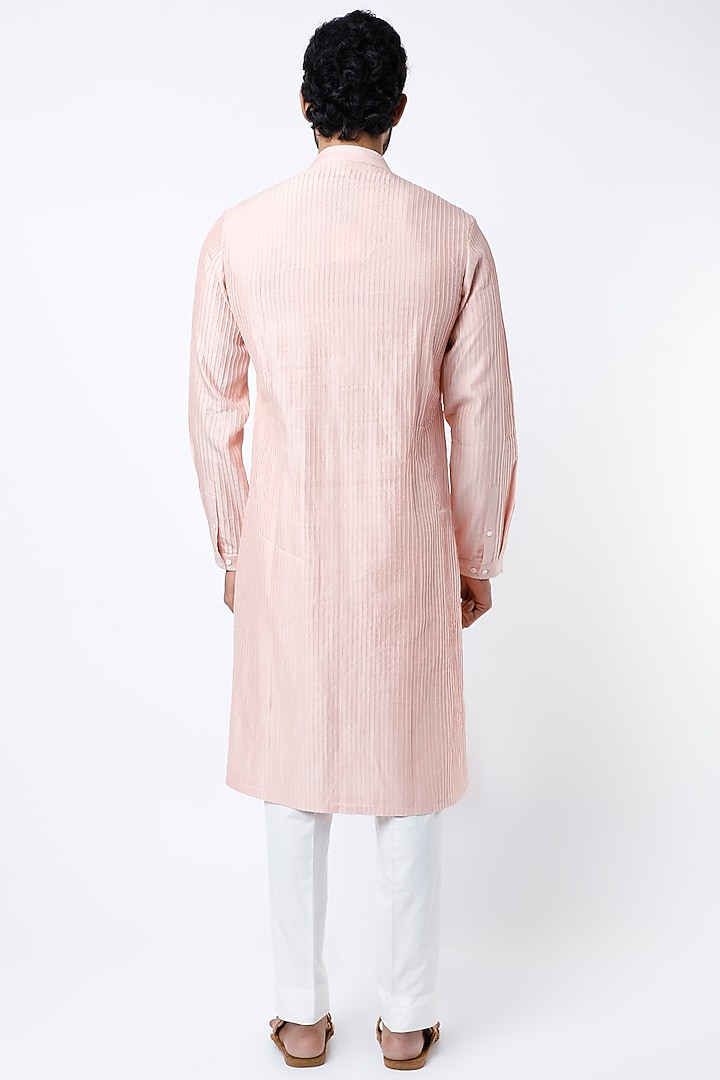 Blush Pink Chanderi Hand Embroidered Pintuck Kurta Set by Countrymade at Pernia's Pop Up Shop