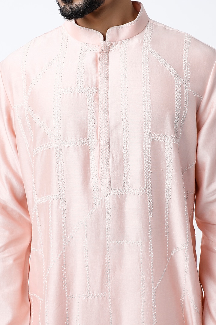 Blush Pink Chanderi Hand Embroidered Kurta by Countrymade at Pernia's Pop Up Shop