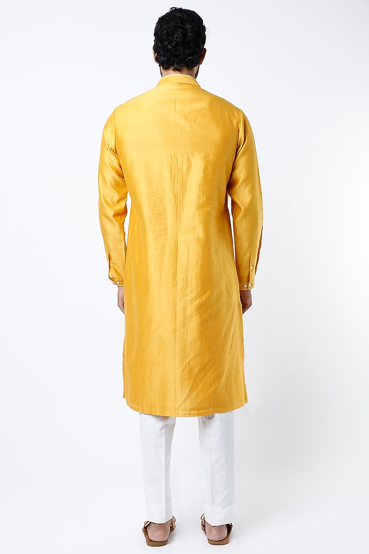 Mustard Chanderi Hand Embroidered Kurta by Countrymade at Pernia's Pop Up Shop