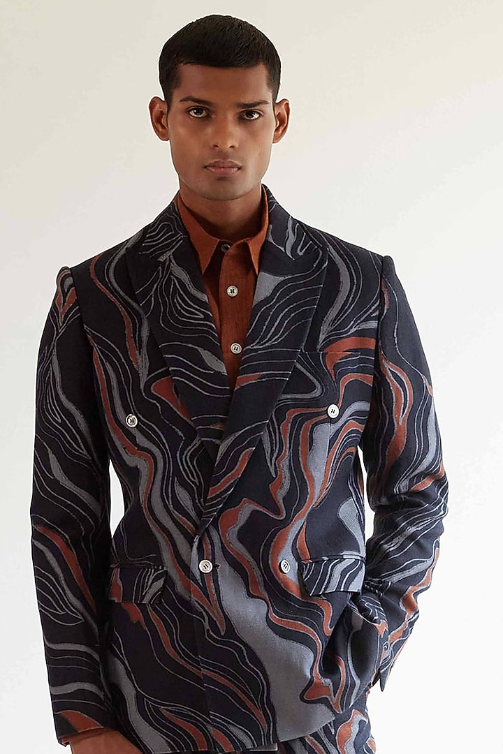 Navy Blue & Copper Printed Jacket by Countrymade at Pernia's Pop Up Shop