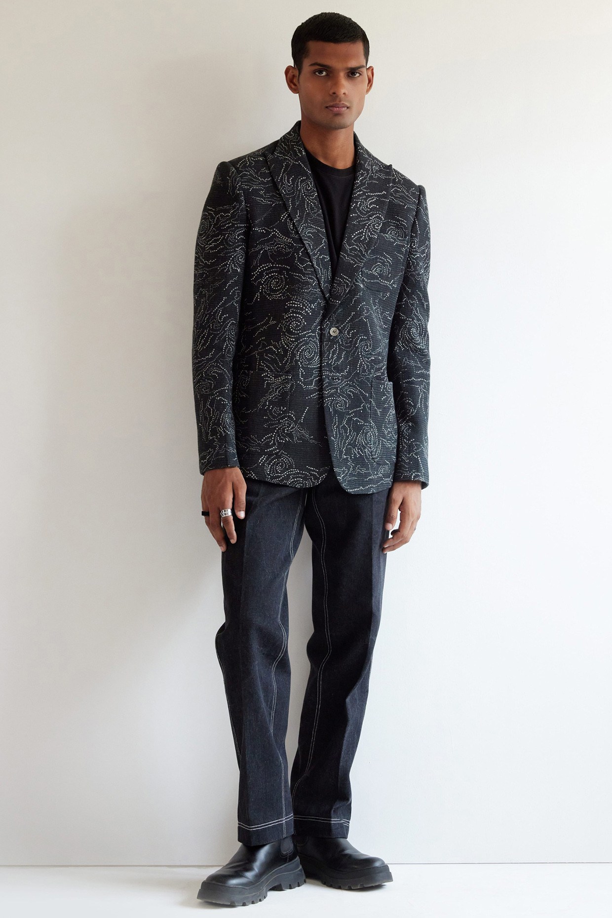 Black Cotton Linen Hole Printed Blazer by Countrymade