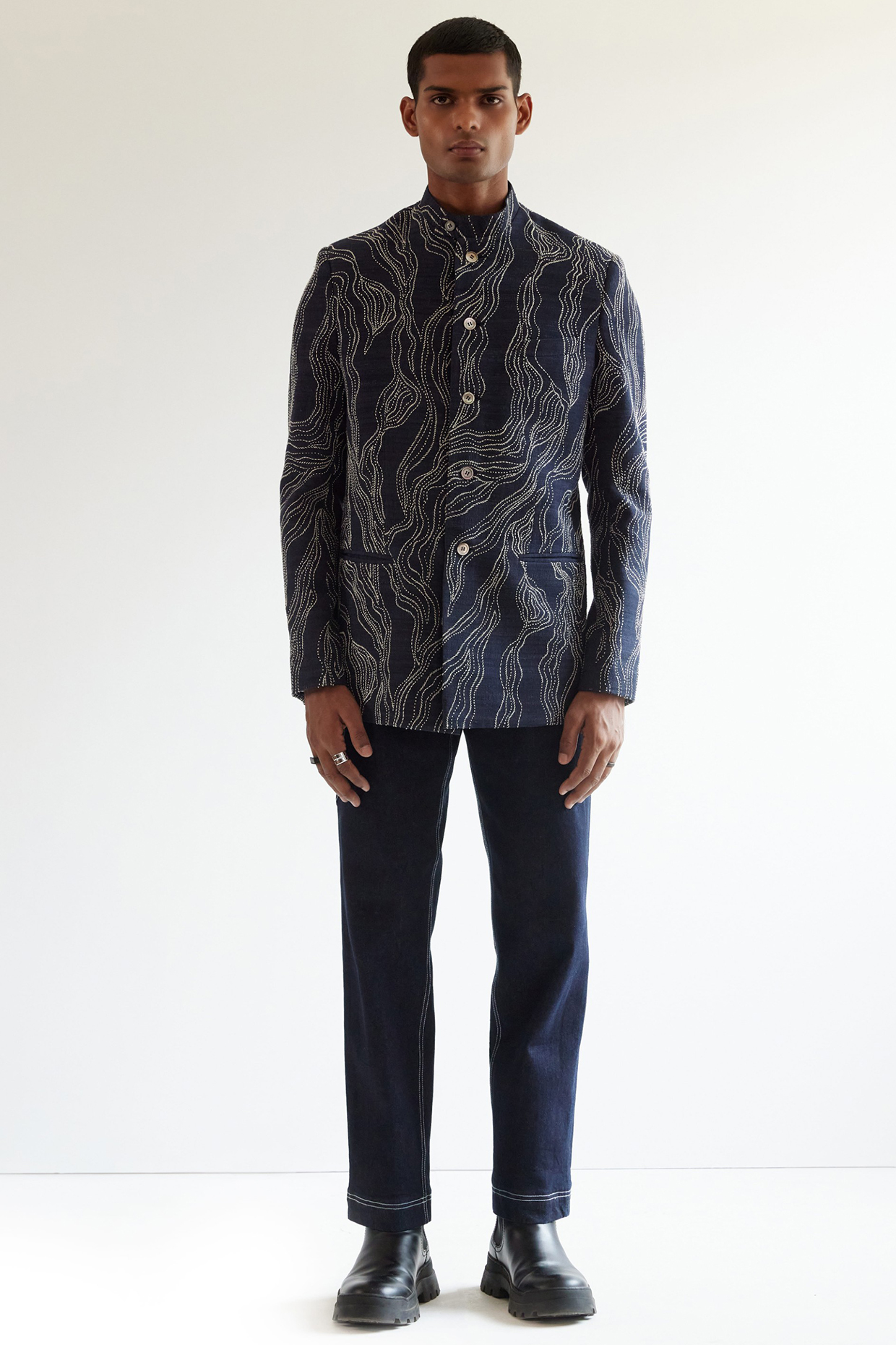 Navy Blue Matka Silk Bandhgala Jacket by Countrymade