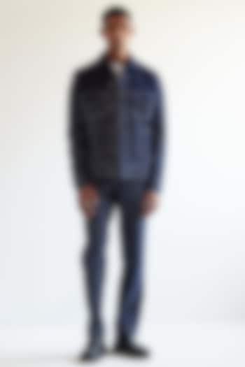 Navy Blue Cotton Denim Hand-Blocked Printed Jacket by Countrymade at Pernia's Pop Up Shop