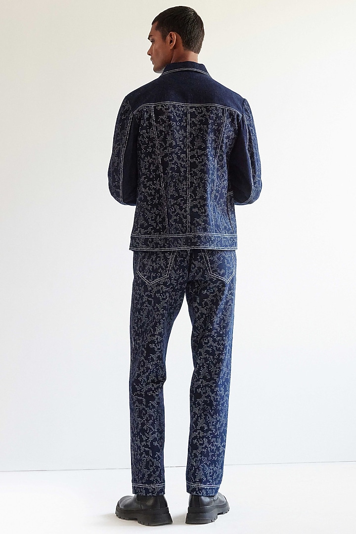 Navy Blue Cotton Denim Hand-Blocked Printed Jacket by Countrymade at Pernia's Pop Up Shop