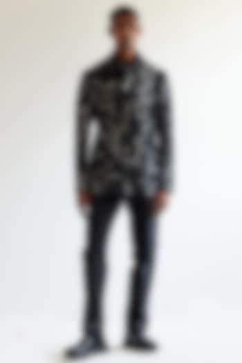 Black Linen Wave Printed Safari Jacket by Countrymade at Pernia's Pop Up Shop