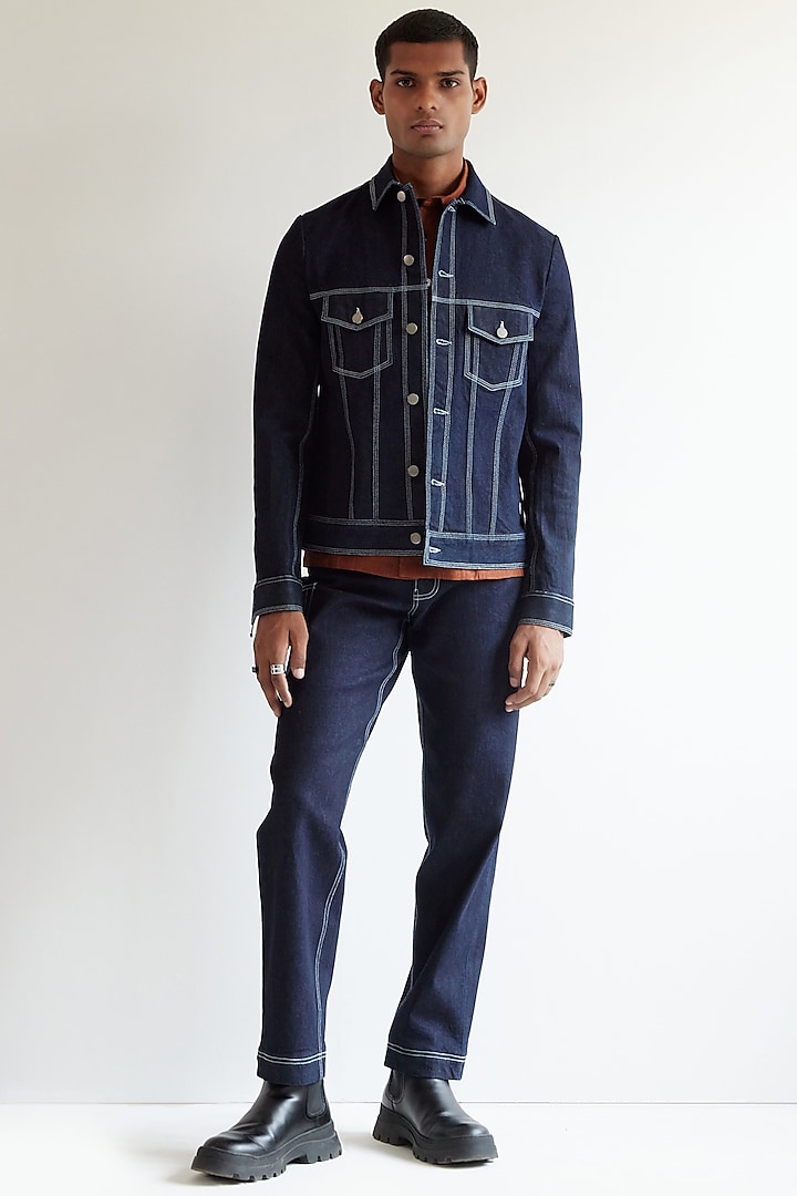 Navy Blue Cotton Trucker Jacket by Countrymade
