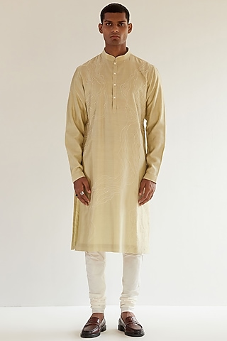 Spring Sage Chanderi Hand Embroidered Kurta Set by Countrymade