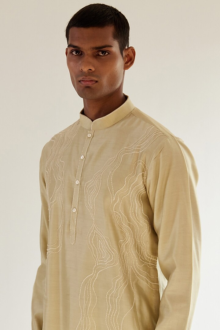 Spring Sage Chanderi Hand Embroidered Kurta Set by Countrymade at Pernia's Pop Up Shop
