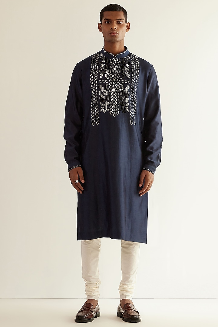 Navy Blue Hand Embroidered Kurta Set by Countrymade