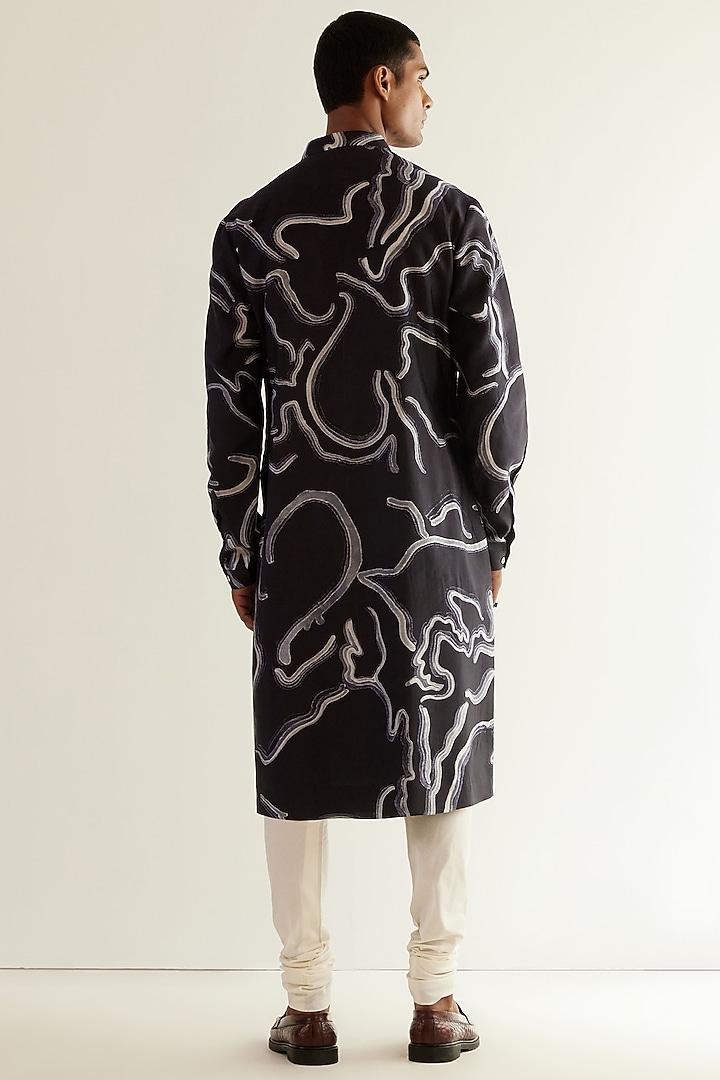 Navy Silk Printed Kurta Set by Countrymade at Pernia's Pop Up Shop