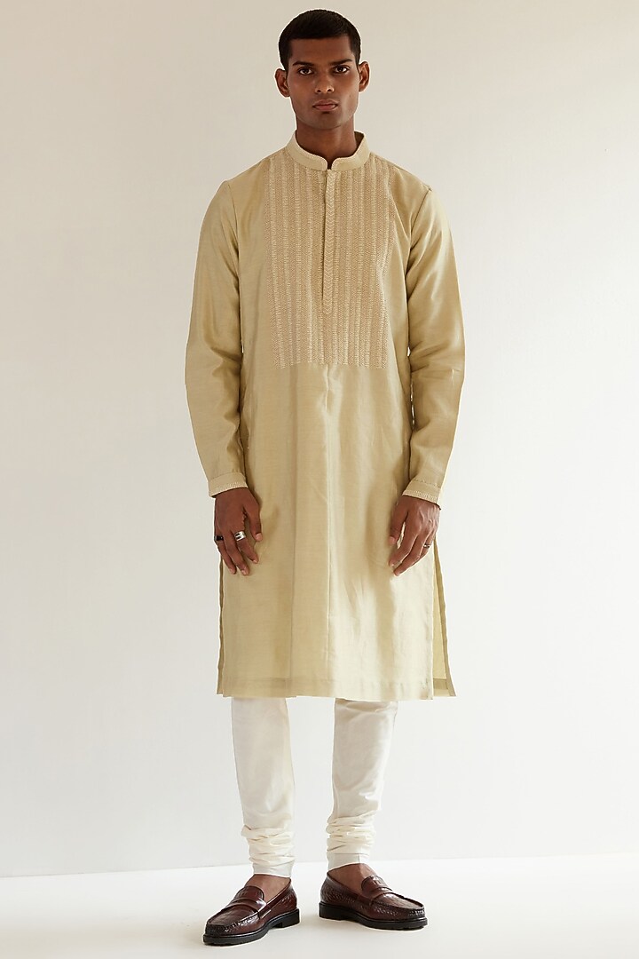 Cream Chanderi Hand Embroidered Kurta Set by Countrymade at Pernia's Pop Up Shop