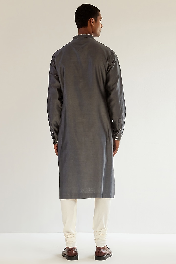 Charcoal Grey Chanderi Hand Embroidered Kurta Set by Countrymade at Pernia's Pop Up Shop