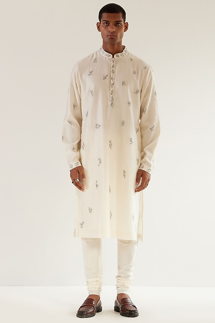 Ivory Chanderi Hand Embroidered Kurta Set by Countrymade at Pernia's Pop Up Shop