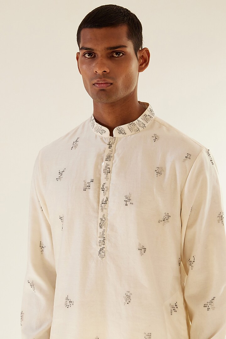 Ivory Chanderi Hand Embroidered Kurta Set by Countrymade at Pernia's Pop Up Shop