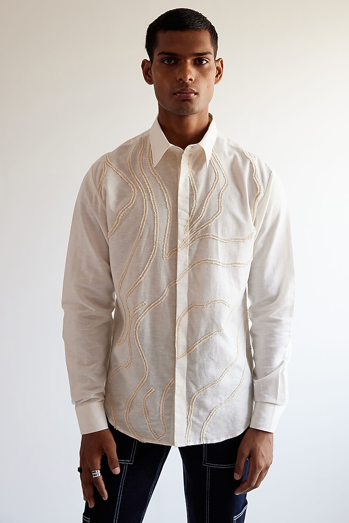 Ivory Linen Hand Embroidered Party Wear Shirt by Countrymade at Pernia's Pop Up Shop
