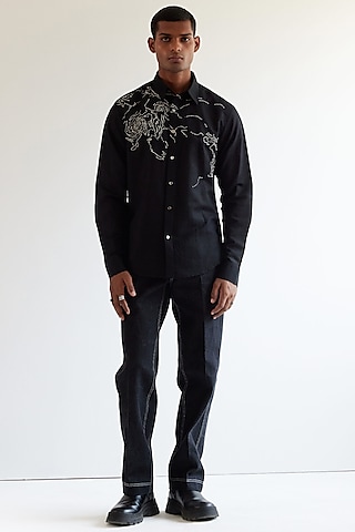 Black Linen Hand Embroidered Shirt by Countrymade