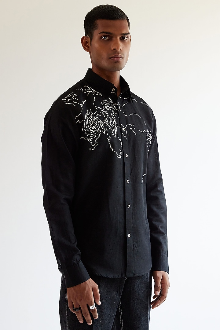 Black Linen Hand Embroidered Party Wear Shirt by Countrymade at Pernia's Pop Up Shop