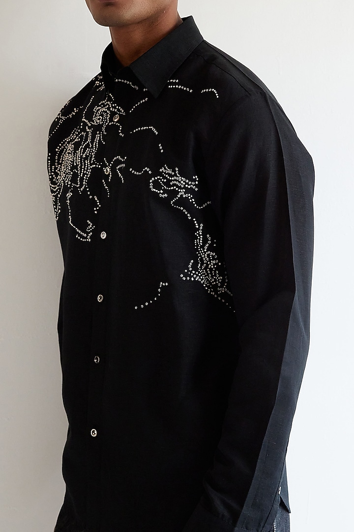 Black Linen Hand Embroidered Party Wear Shirt by Countrymade at Pernia's Pop Up Shop