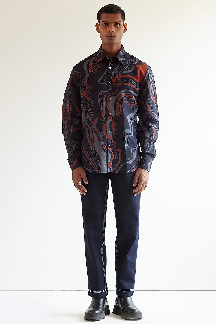 Blue Cotton Linen Printed Party Wear Shirt by Countrymade at Pernia's Pop Up Shop