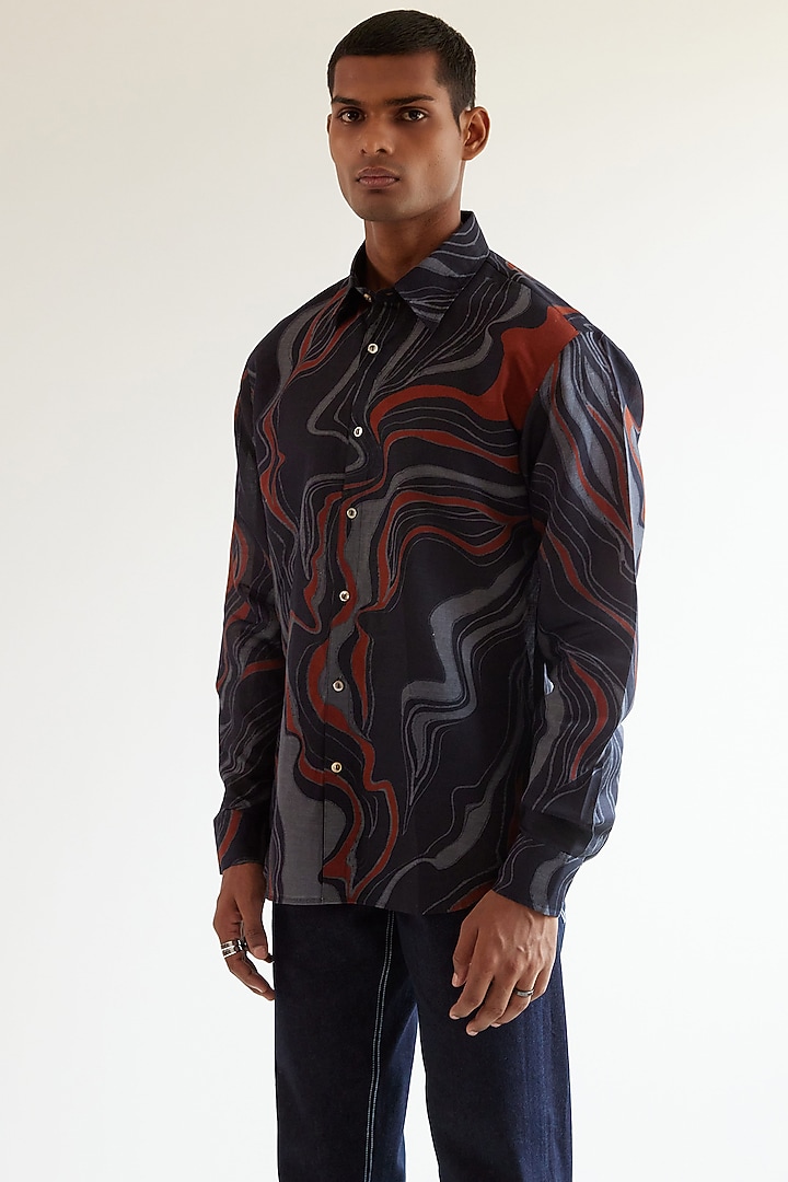 Blue Cotton Linen Printed Party Wear Shirt by Countrymade at Pernia's Pop Up Shop