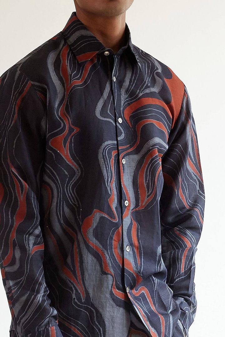 Blue Cotton Linen Printed Party Wear Shirt by Countrymade at Pernia's Pop Up Shop