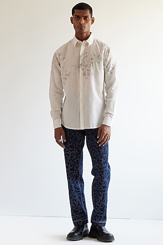 Ivory Linen Hand Embroidered Shirt by Countrymade