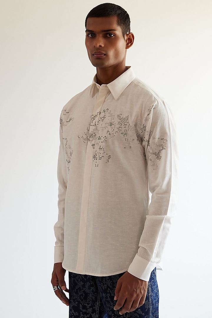 Ivory Linen Hand Embroidered Party Wear Shirt by Countrymade at Pernia's Pop Up Shop
