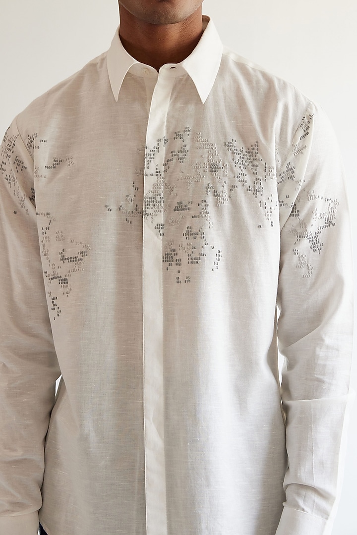 Ivory Linen Hand Embroidered Party Wear Shirt by Countrymade at Pernia's Pop Up Shop
